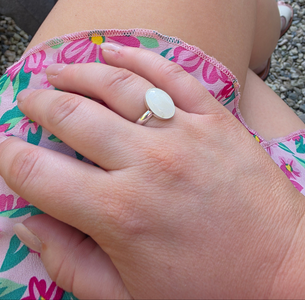 Rainbow Moonstone Cabochon Ring